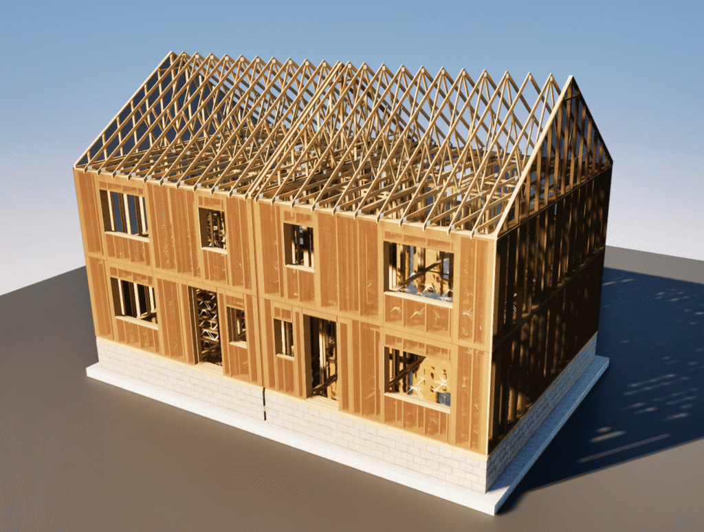 3D BIM model of a two-story house structure using the Bio Twin Wall System, showing the timber frame panels and roof trusses on a masonry plinth.